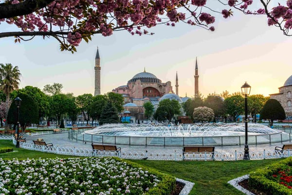 hagia sophia with a fountain in spring time 