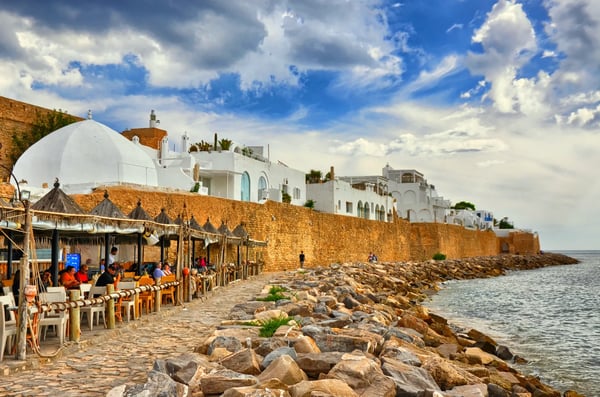 hammamet tunisia cafe on stony beach of ancient medina on in hammamet 