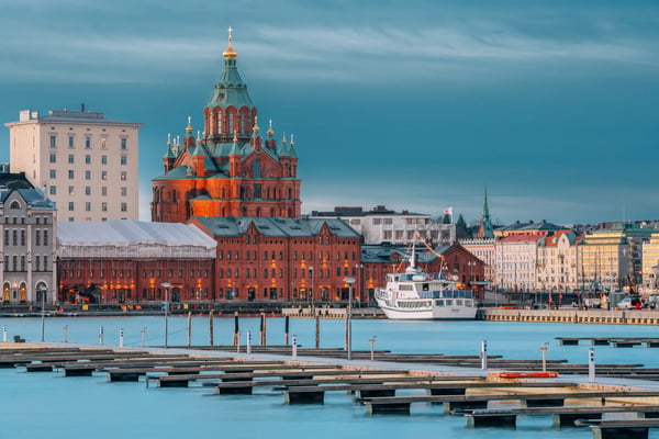 helsinki finland kanavaranta street with uspenski cathedral in winter morning 