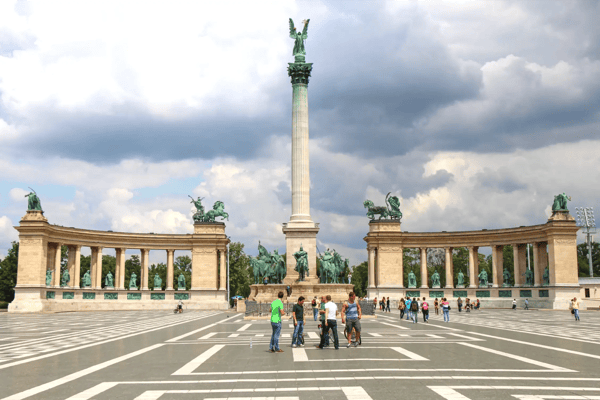 heroes square and millennium monument on a cloudy summers day in budapest hungary 