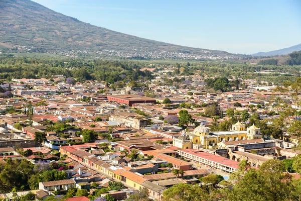 hill to old historic city antigua and volcano in the mayan highlands in guatemala 