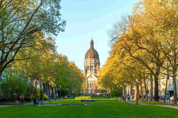 historic center of the city with old church and park