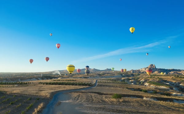 hot air balloon flying over spectacular cappadocia turkish 