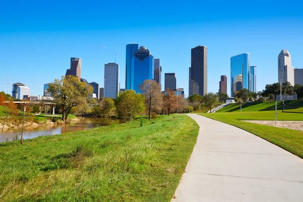 houston skyline in sunny day from park grass 