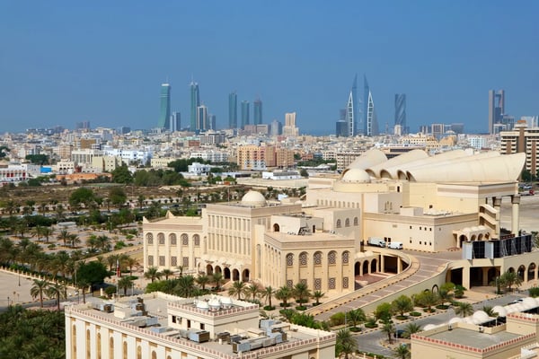 isa cultural centre with a group of iconic landmarks in the backdrop manama bahrain 