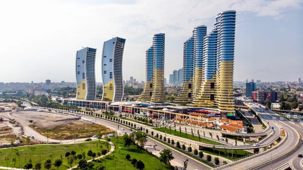 istanbul turkey aerial drone view of istmarina skyscrapers avm shopping mall