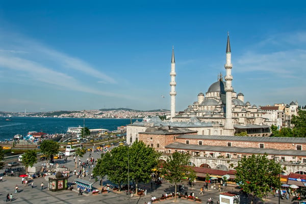 istanbul turkey minarets of yeni mosque at sunny day