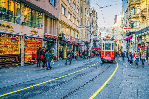 istanbul turkey red vintage tram on istiklal street in istanbul 