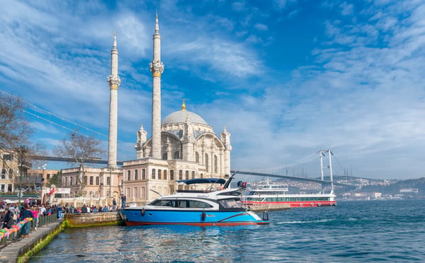 istanbul turkey view of ortakoy mosque in besiktas located at the waterside of the