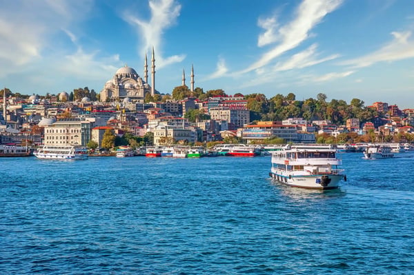 istanbul turkey view to eminonu pier and suleymaniye mosque across bay of golden