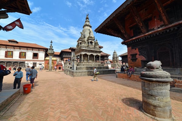 kathmandu nepal crowd of local nepalese people visit the famous durbar square of bhaktapur on