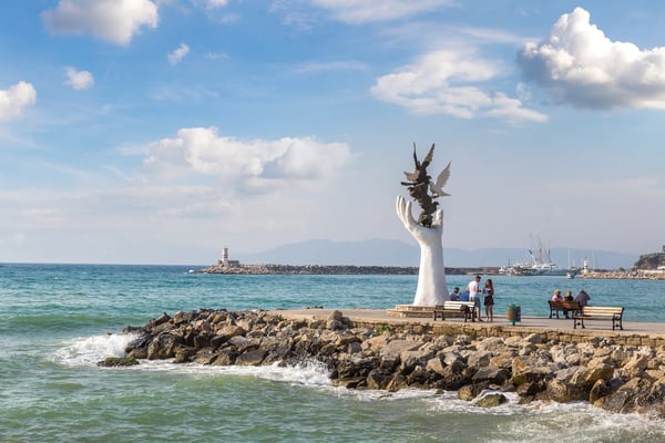 kusadasi turkey hand of peace sculpture in kusadasi turkey in a beautiful summer day 