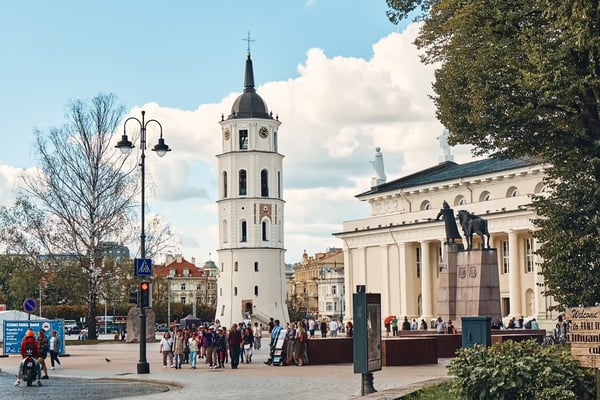 landscape of vilnius cathedral and bell tower in sunny day vilnius old town lithuania