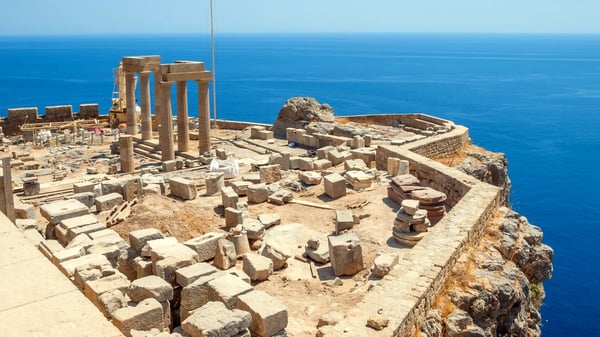 lindos acropolis ruins on the sea cliff rhodes greece