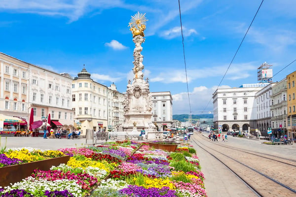 linz austria holy trinity column on the hauptplatz or main square in the centre of linz