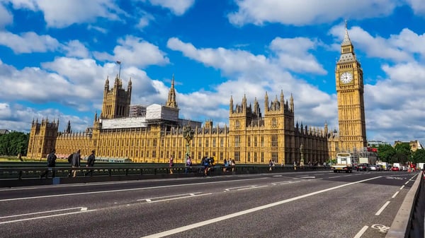 london uk circa houses of parliament aka westminster palace seen from westminster bridge 