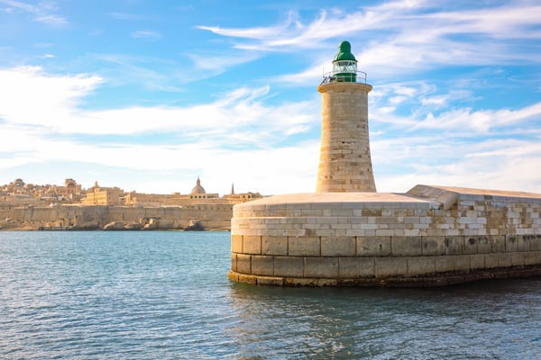 malta valletta view from the sea of the lighthouse of the st elmo fort