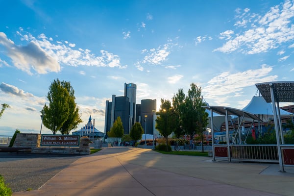 millikan state park and riverwalk leading up to downtown detroit