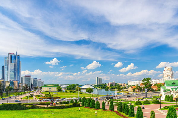 minsk belarus cityscape of minsk city with skyscrapers on pobediteley peramohi avenue 