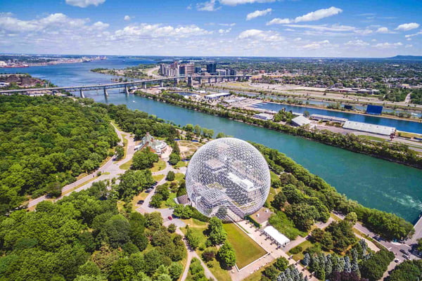 montreal showing the biosphere dome and jacques cartier bridge