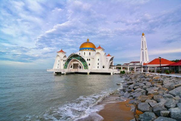 morning view at malacca straits mosque masjid selat melaka it is a mosque located on the man made