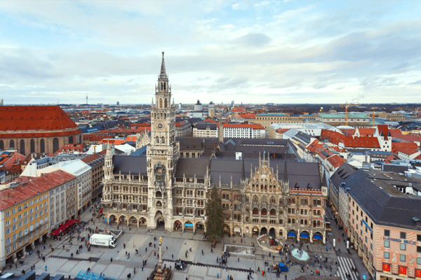 munich germany view of the city hall from tower of st peter church at evening time