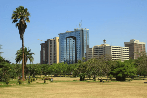 nairobi kenya central city park with palm trees and business center view 