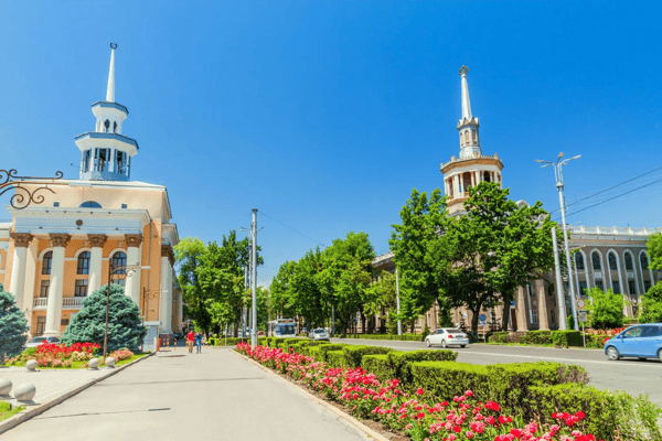 national bank of kyrgyz republic and international university of kyrgyzstan at chuy avenue in bishkek capital of kyrgyzstan