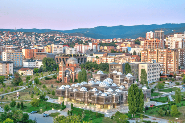 national library of kosovo and unfinished serbian orthodox church of christ the saviour in prishtina kosovo