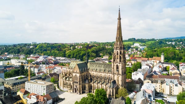 new cathedral or cathedral of the immaculate conception or st mary church aerial panoramic view linz austria