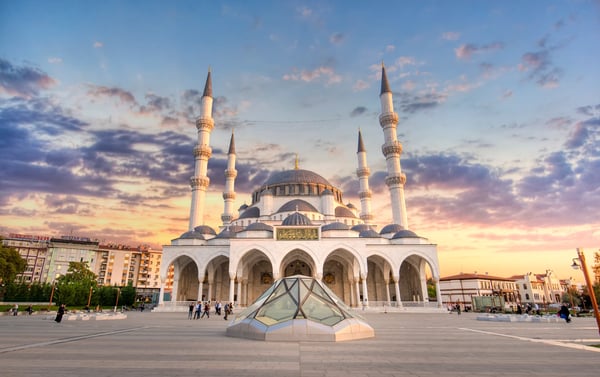 new melike hatun mosque close to genclik park in the capital city at sunset
