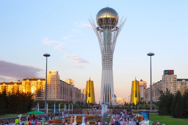 nur sultan astana economic forum congress centre building picturesque frontal view on a sunny blue