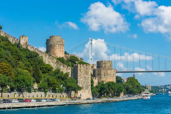 one of the towers of rumeli fortress overlooks the bosphorus strait in istanbul turkey