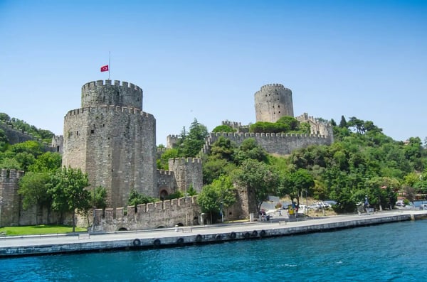 one of the towers of rumeli fortress overlooks the bosphorus strait in istanbul turkish
