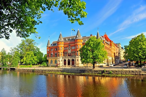 orebro sweden facade of historical building by the river in orebro sweden