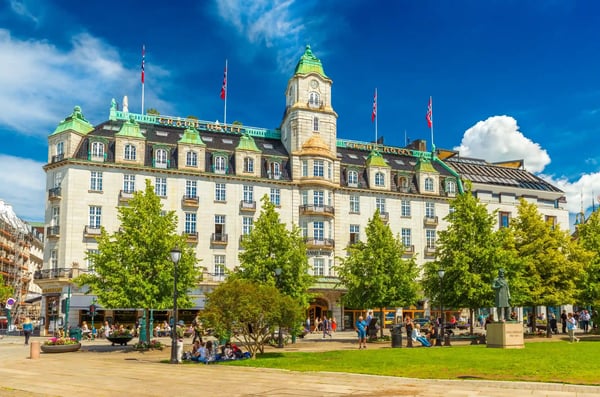oslo norway view of the grand hotel oslo building with blue sky in the background