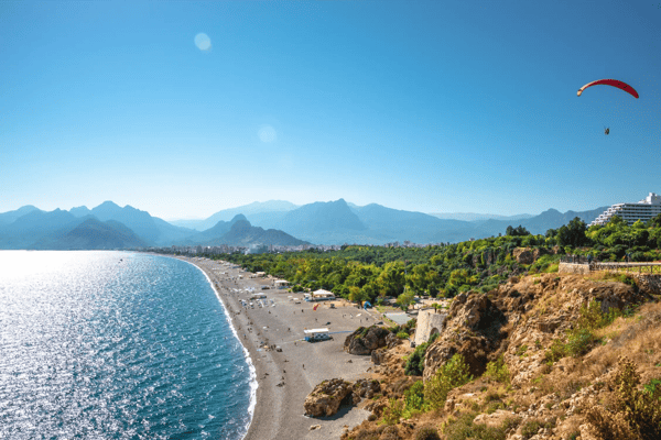 panoramic bird view of antalya and mediterranean seacoast