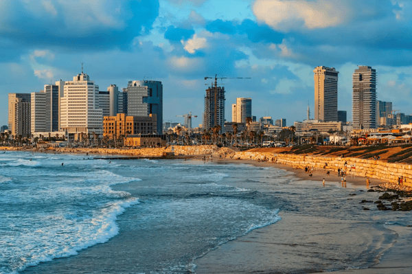 panoramic view of modern tel aviv sky line and beach on sunny day mediterranean sea israel 