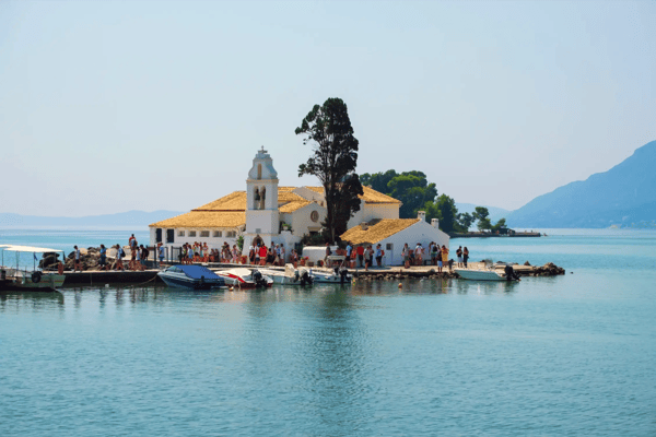 panoramic view of the beautiful vlacherna monastery on the island of corfu in greece kerkyra
