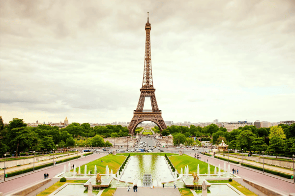 paris france view of eiffel tower from place du trocadero on cloudy day in summer