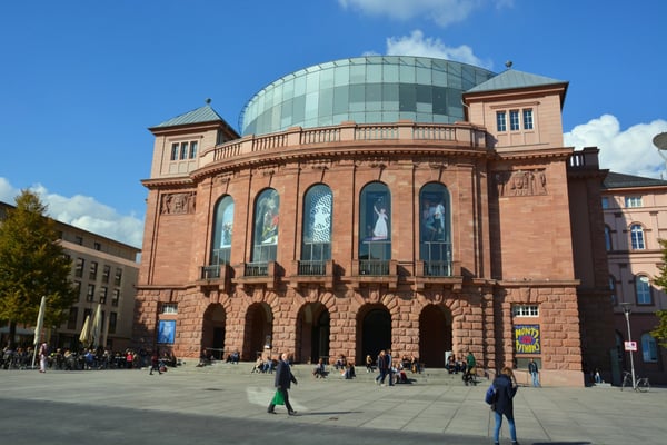 people walking in front of theatre mainz