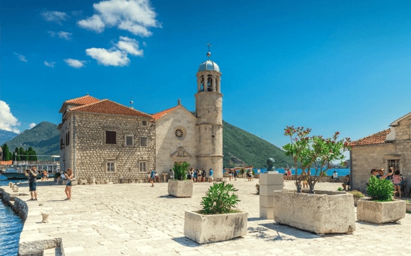 perast montenegro our lady of the rocks church on an island in the bay of kotor
