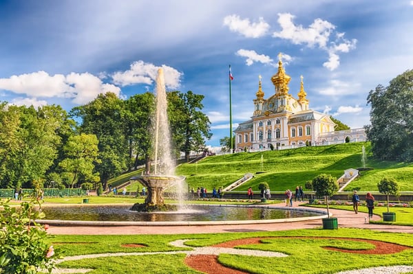 peterhof russia view of the church of grand palace in peterhof russia