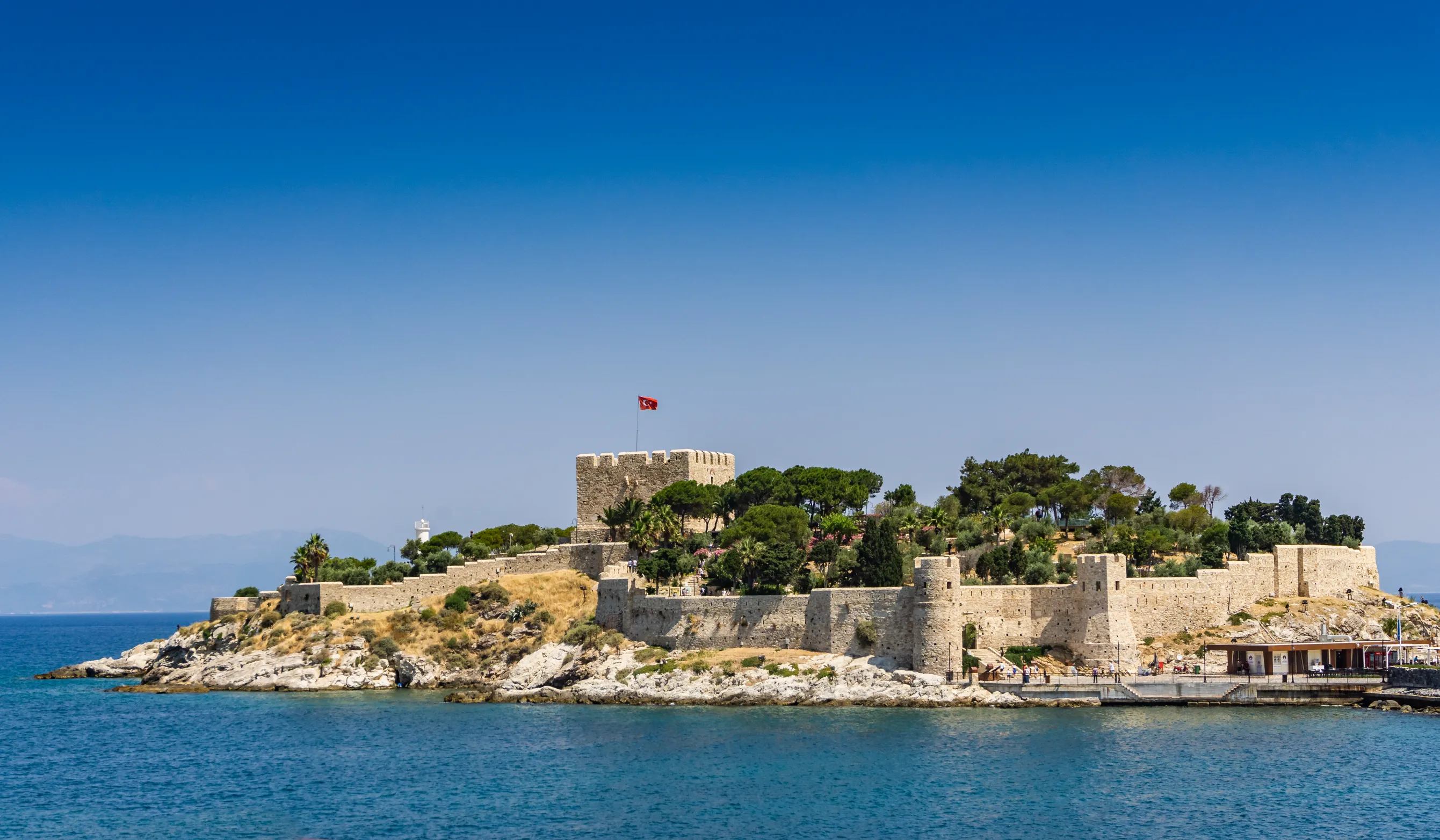 pigeon island guvercinada view in kusadasi aydin turkey historical castle in the island the walls