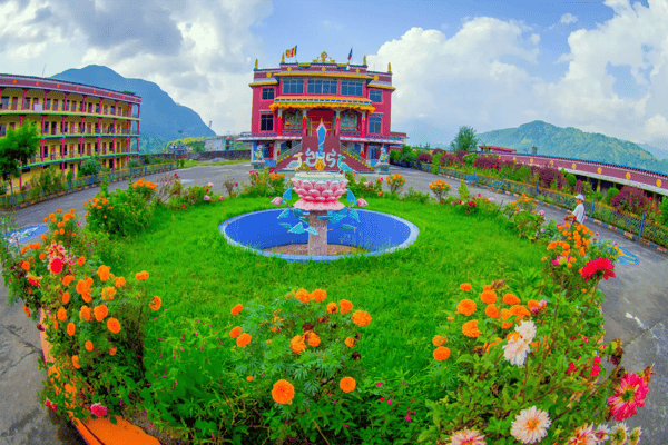 pokhara nepal aerial view of tibet architecture sakya monastery is a pilgrim