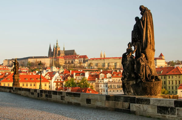 prague czech republic charles or karluv bridge in the sunrise 