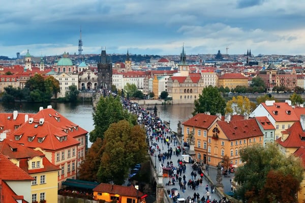 prague skyline rooftop view with historical buildings in czech republic