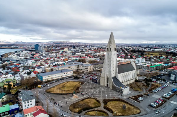 reykjavik iceland aerial view of famous hallgrimskirkja cathedral and the city of
