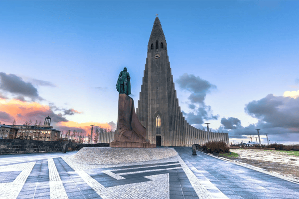 reykjavik leif erikson statue at the hallgrimskirkja church in the center of reykjaivk iceland