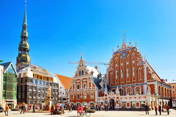 riga latvia town hall square latvian ratslaukums is one of the central squares of rig